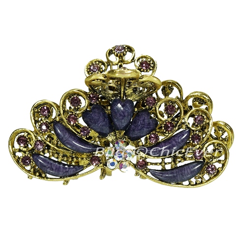 Haargreifer L Vintage Haarkneifer Haarklammer Metall & Strass lila violett gold 5118c - zum Schließen ins Bild klicken